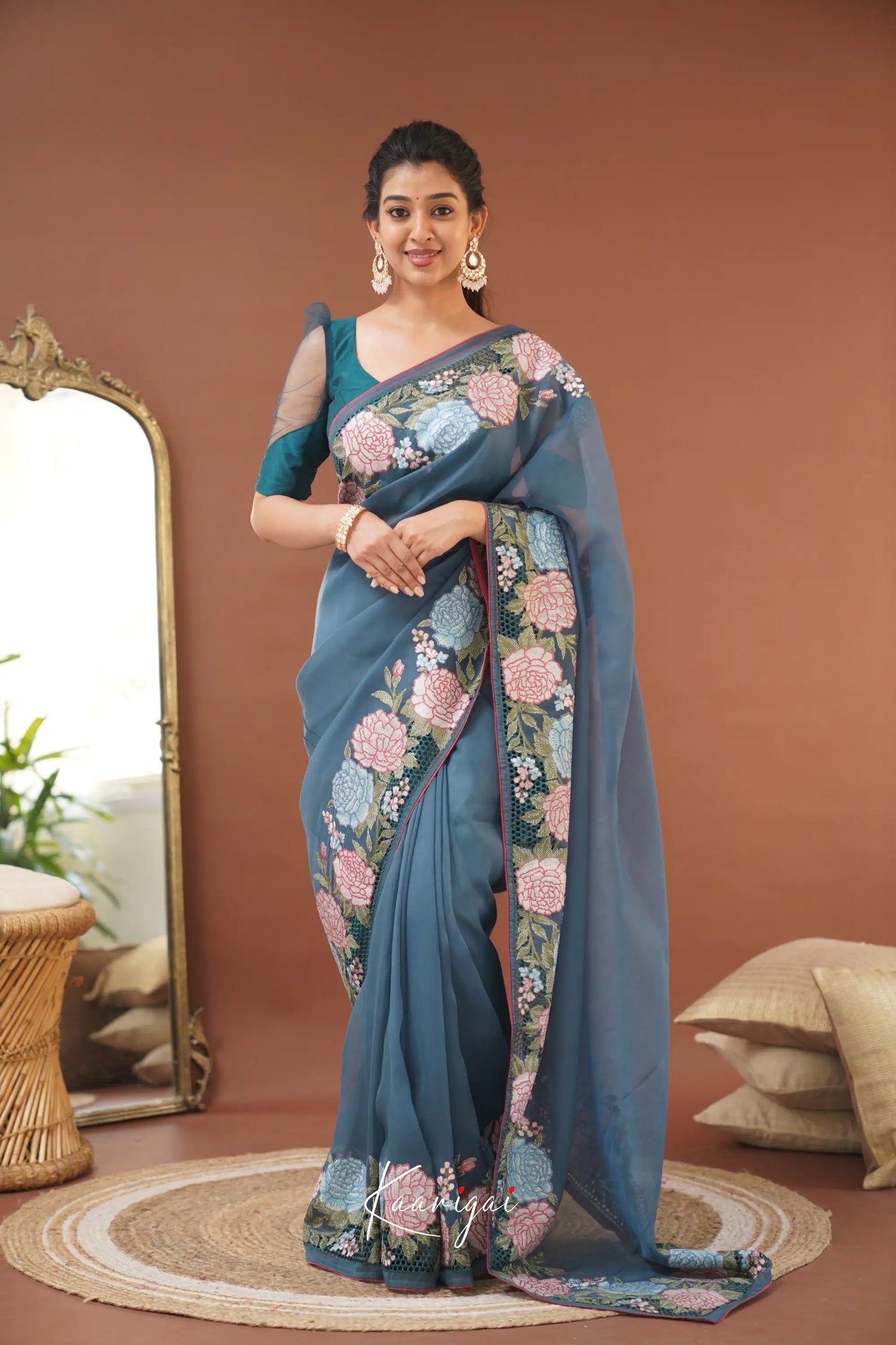 Nakshatra Flowy Net Organza Saree Teal Blue – Ivalinmabia