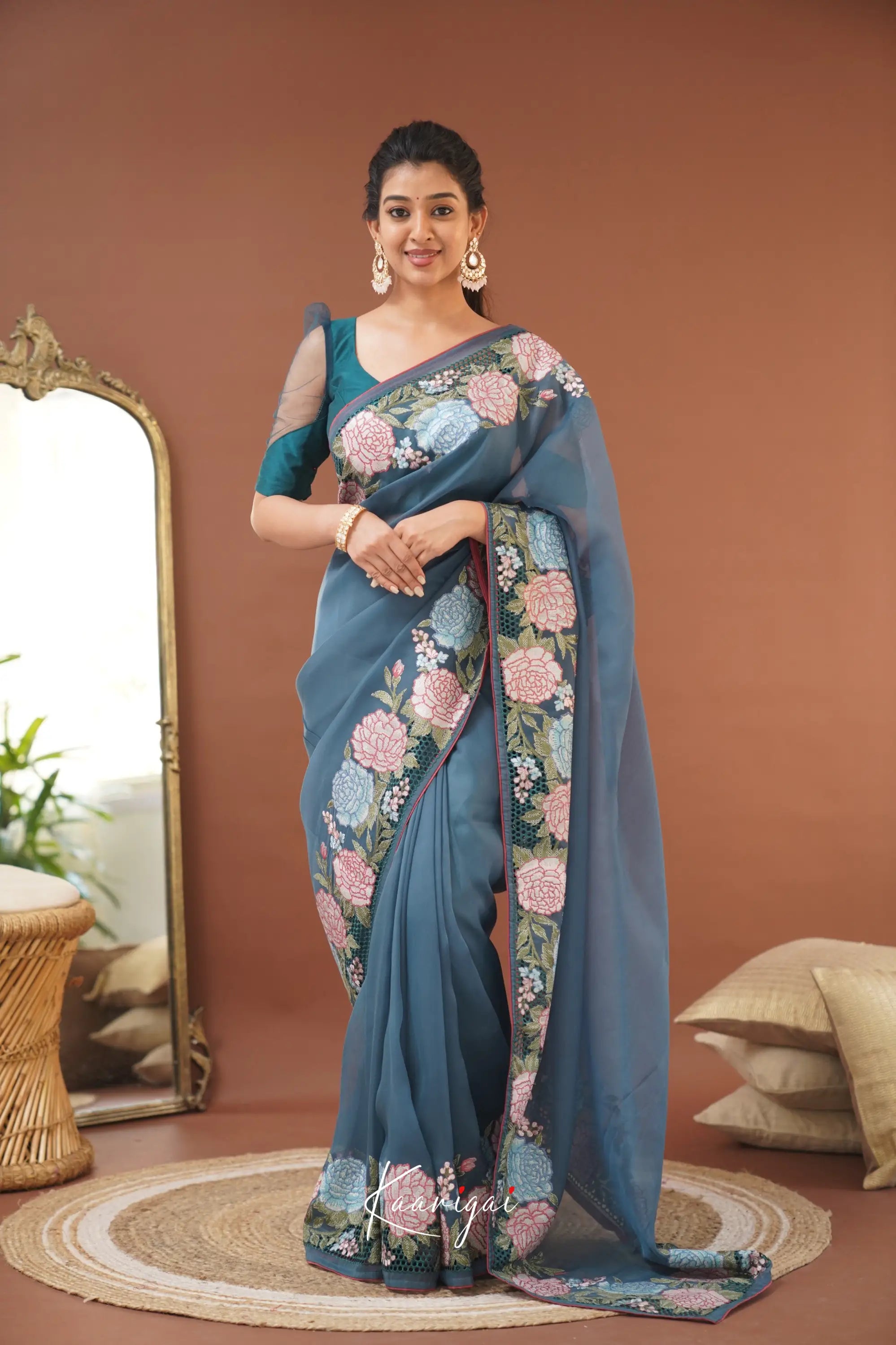 Nakshatra Flowy Net Organza Saree Teal Blue – Ivalinmabia