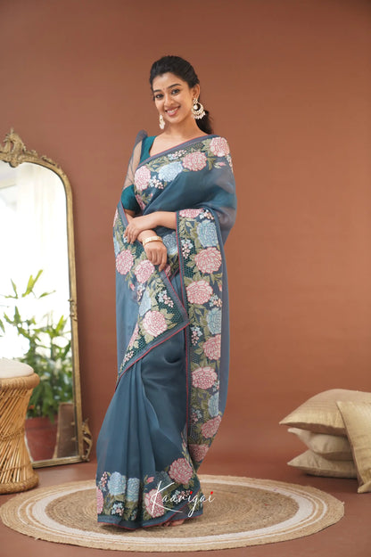 Nakshatra Flowy Net Organza Saree - Teal Blue Sarees