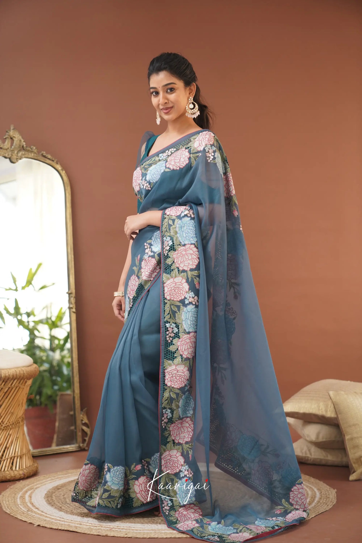 Nakshatra Flowy Net Organza Saree - Teal Blue Sarees