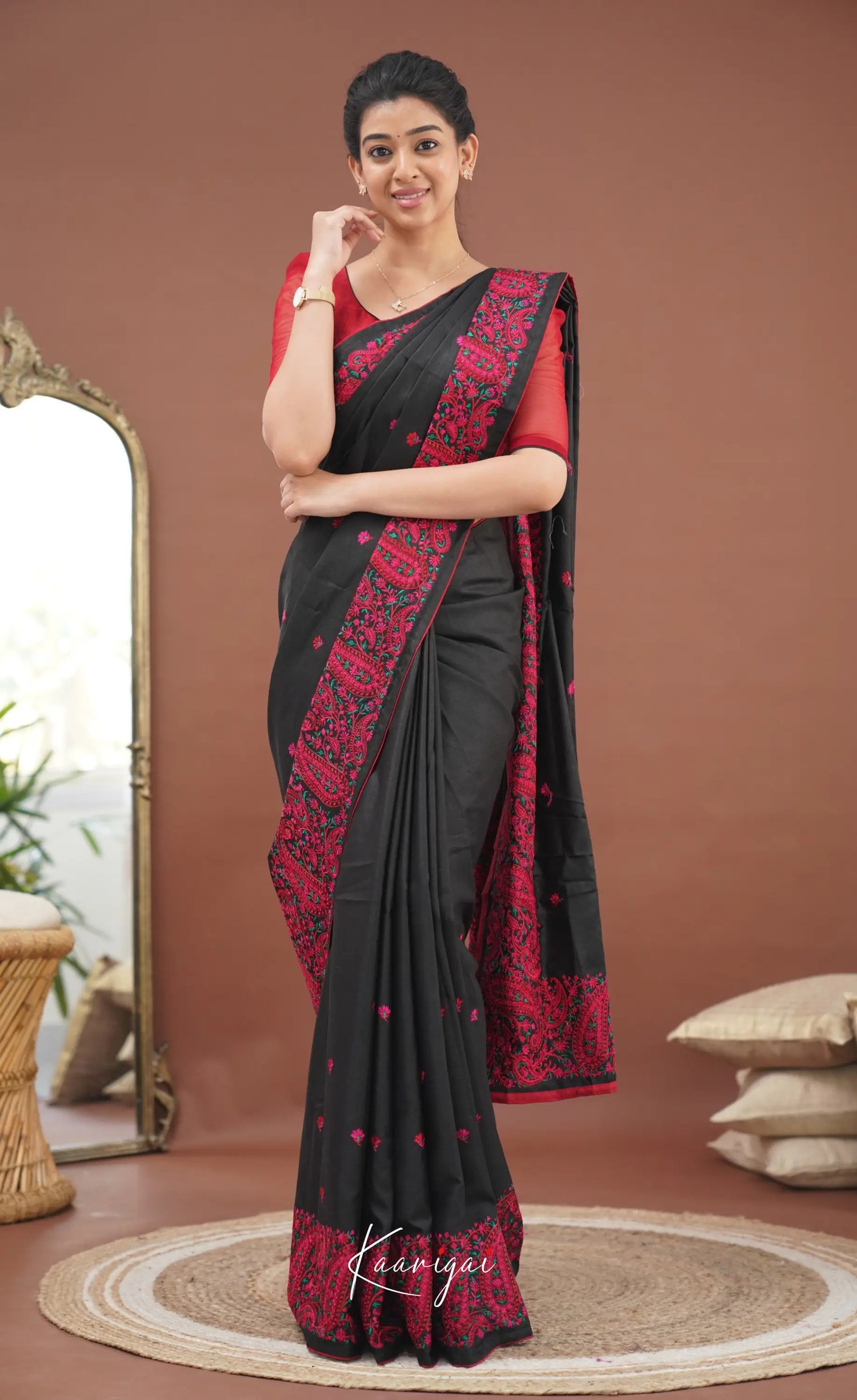 Nakshatra Semi Tissue Saree - Black And Red Sarees