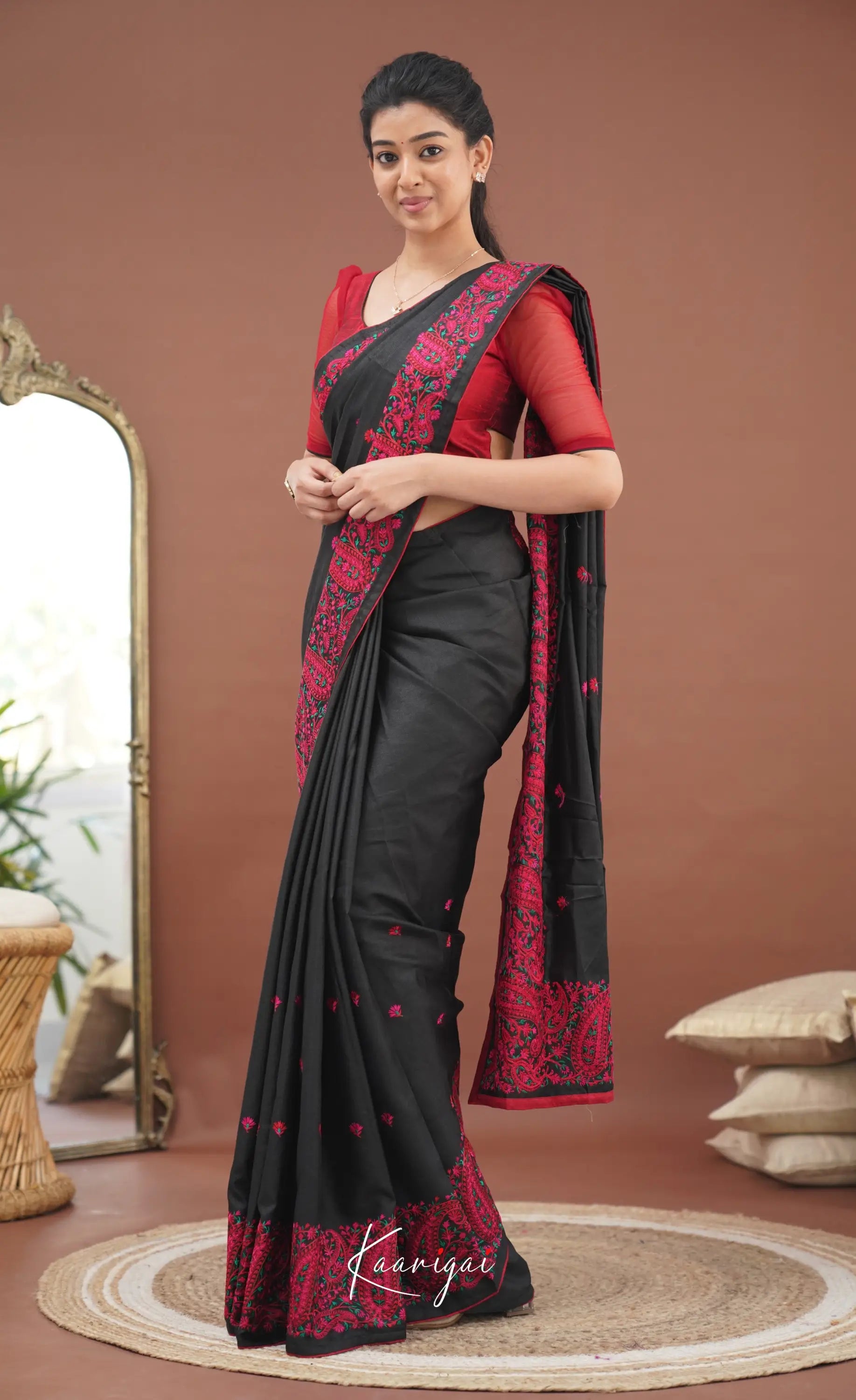 Nakshatra Semi Tissue Saree - Black And Red Sarees