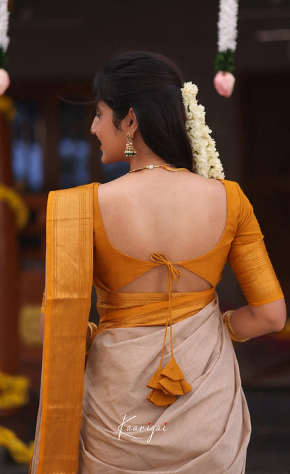 Nalinam Cotton Saree - Beige and Mustard yellow - Sarees