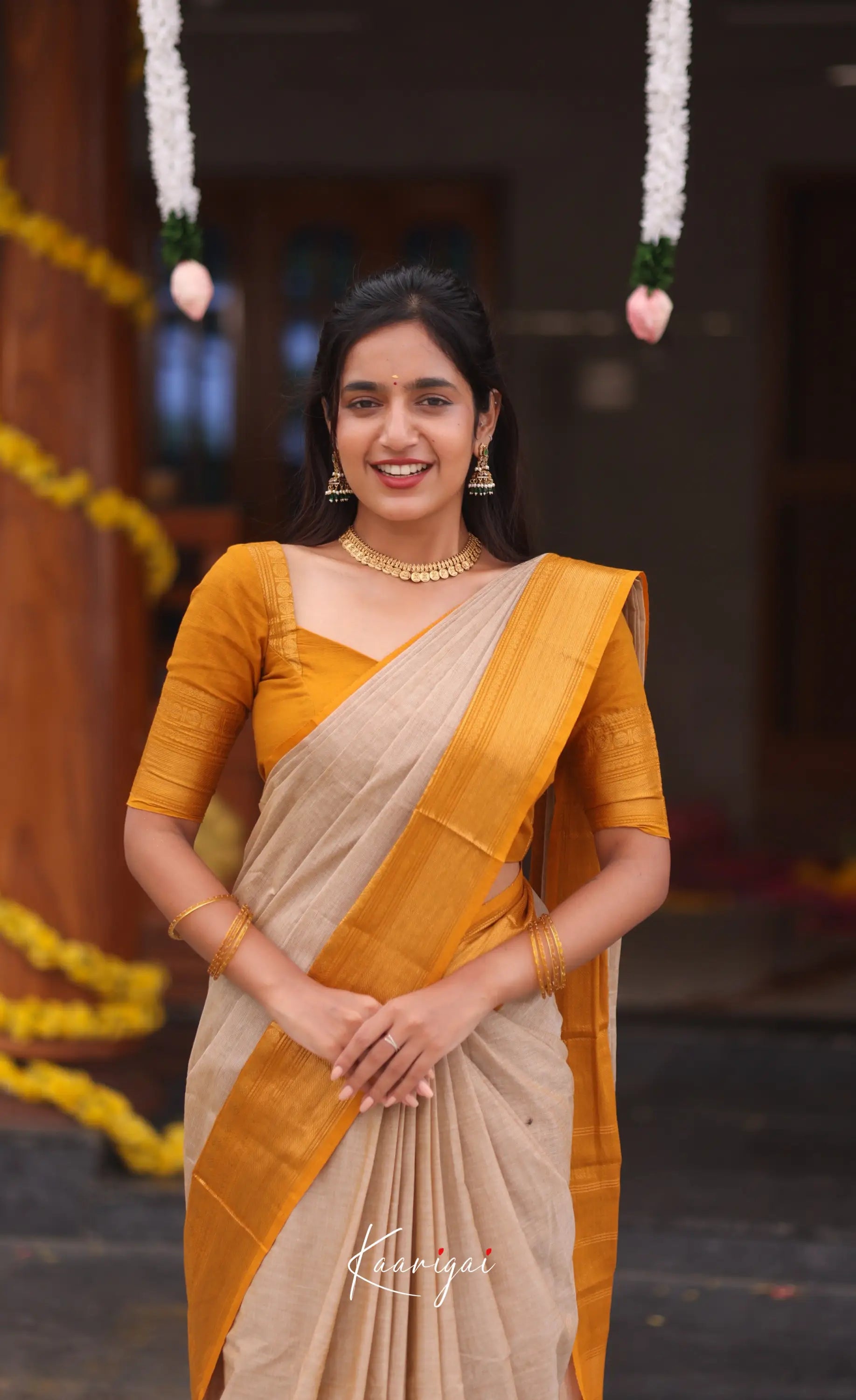 Nalinam Cotton Saree - Beige and Mustard yellow - Sarees