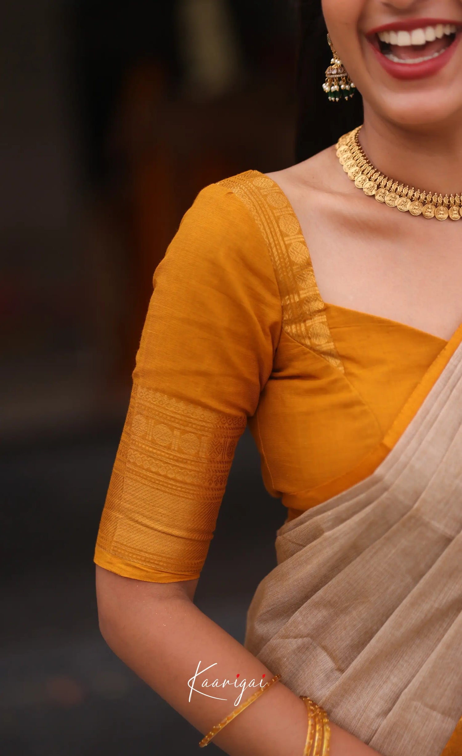 Nalinam Cotton Saree - Beige and Mustard yellow - Sarees