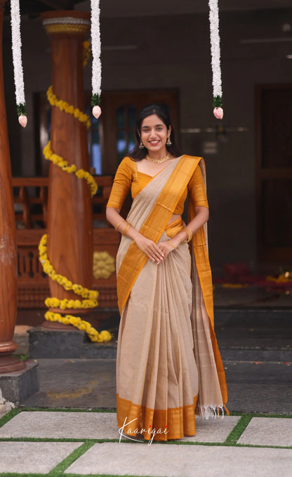 Nalinam Cotton Saree - Beige and Mustard yellow - Sarees