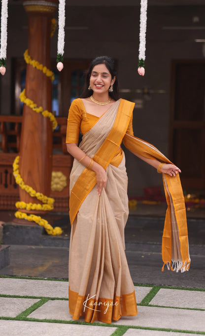 Nalinam Cotton Saree - Beige and Mustard yellow - Sarees
