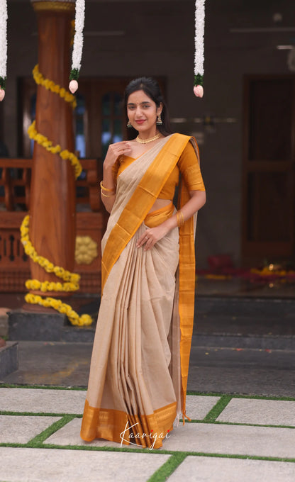 Nalinam Cotton Saree - Beige and Mustard yellow - Sarees