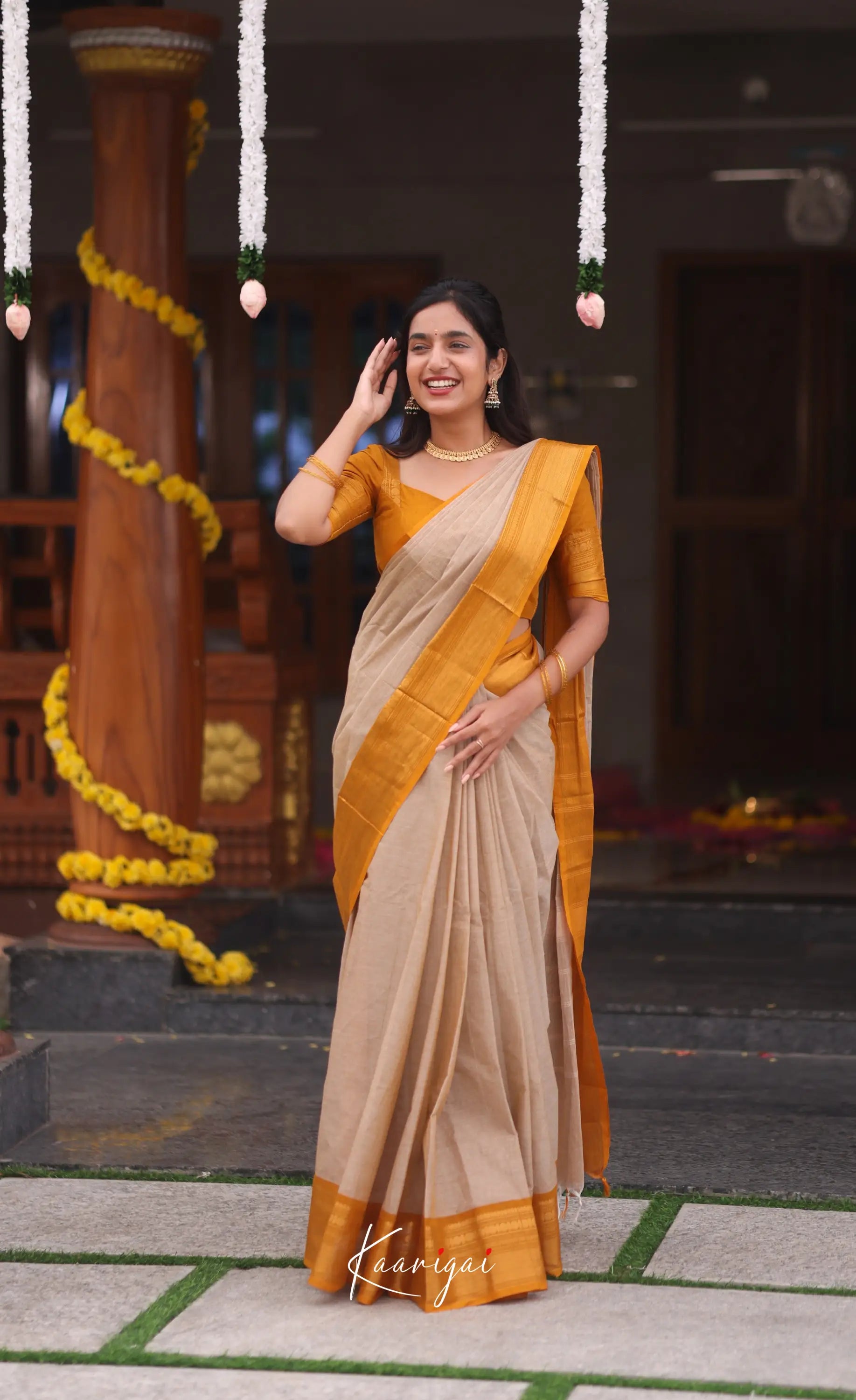 Nalinam Cotton Saree - Beige and Mustard yellow - Sarees