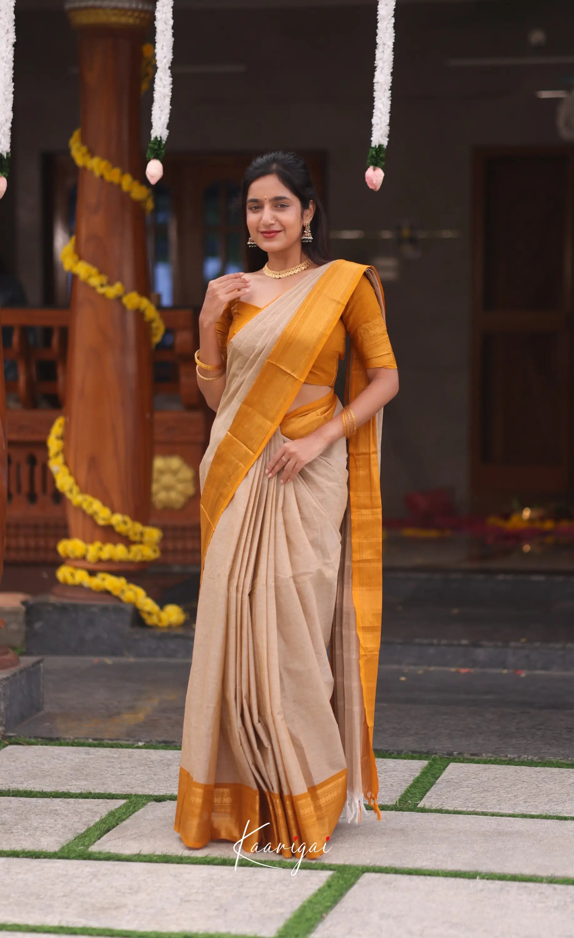 Nalinam Cotton Saree - Beige and Mustard yellow - Sarees