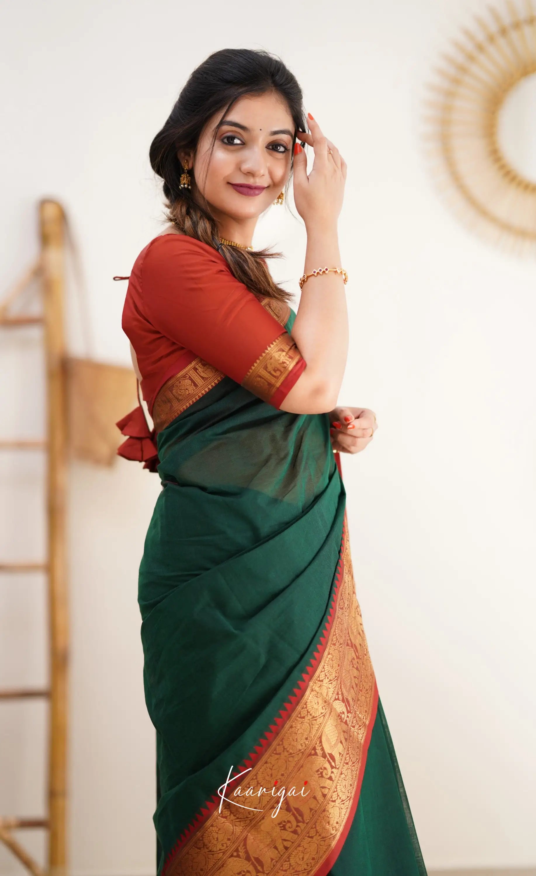 Nalinam - Dark Green And Reddish Maroon Cotton Saree Sarees