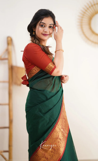 Nalinam - Dark Green And Reddish Maroon Cotton Saree Sarees