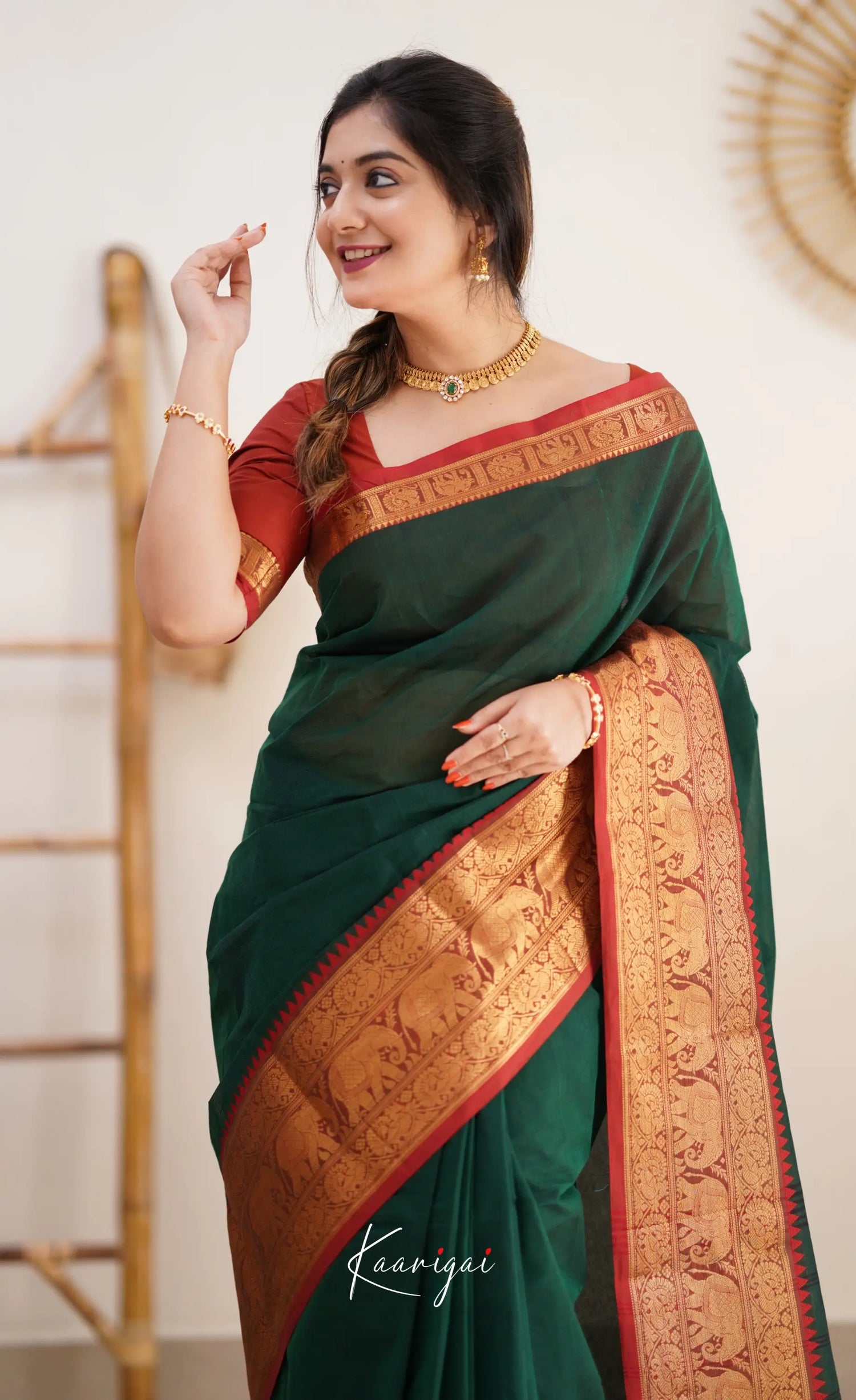 Nalinam - Dark Green And Reddish Maroon Cotton Saree Sarees