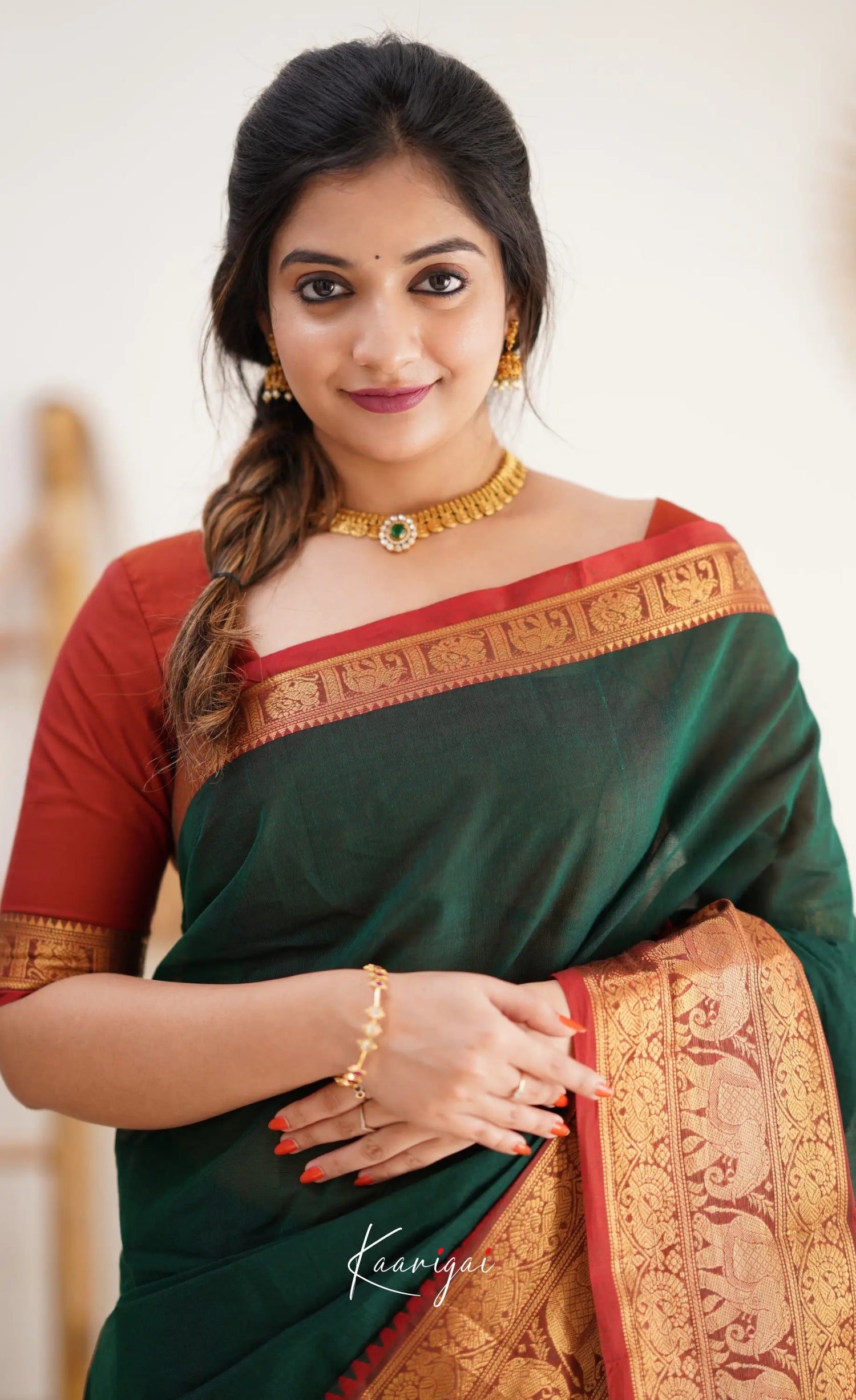 Nalinam - Dark Green And Reddish Maroon Cotton Saree Sarees