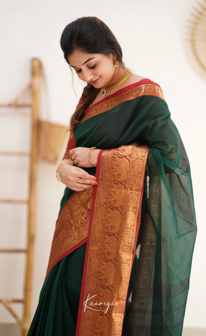 Nalinam - Dark Green And Reddish Maroon Cotton Saree Sarees