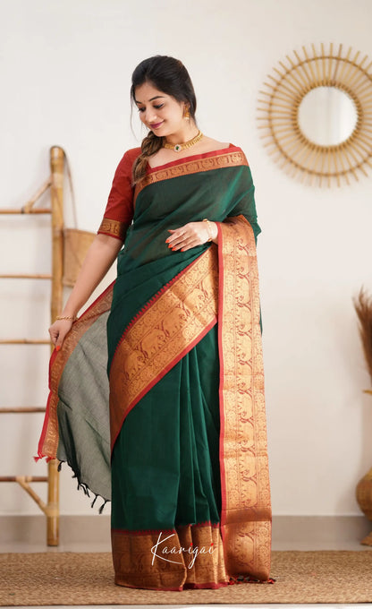 Nalinam - Dark Green And Reddish Maroon Cotton Saree Sarees