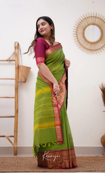 Nalinam - Parrot Green And Pinkish Magenta Cotton Saree Sarees