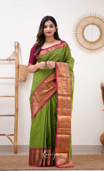 Nalinam - Parrot Green And Pinkish Magenta Cotton Saree Sarees