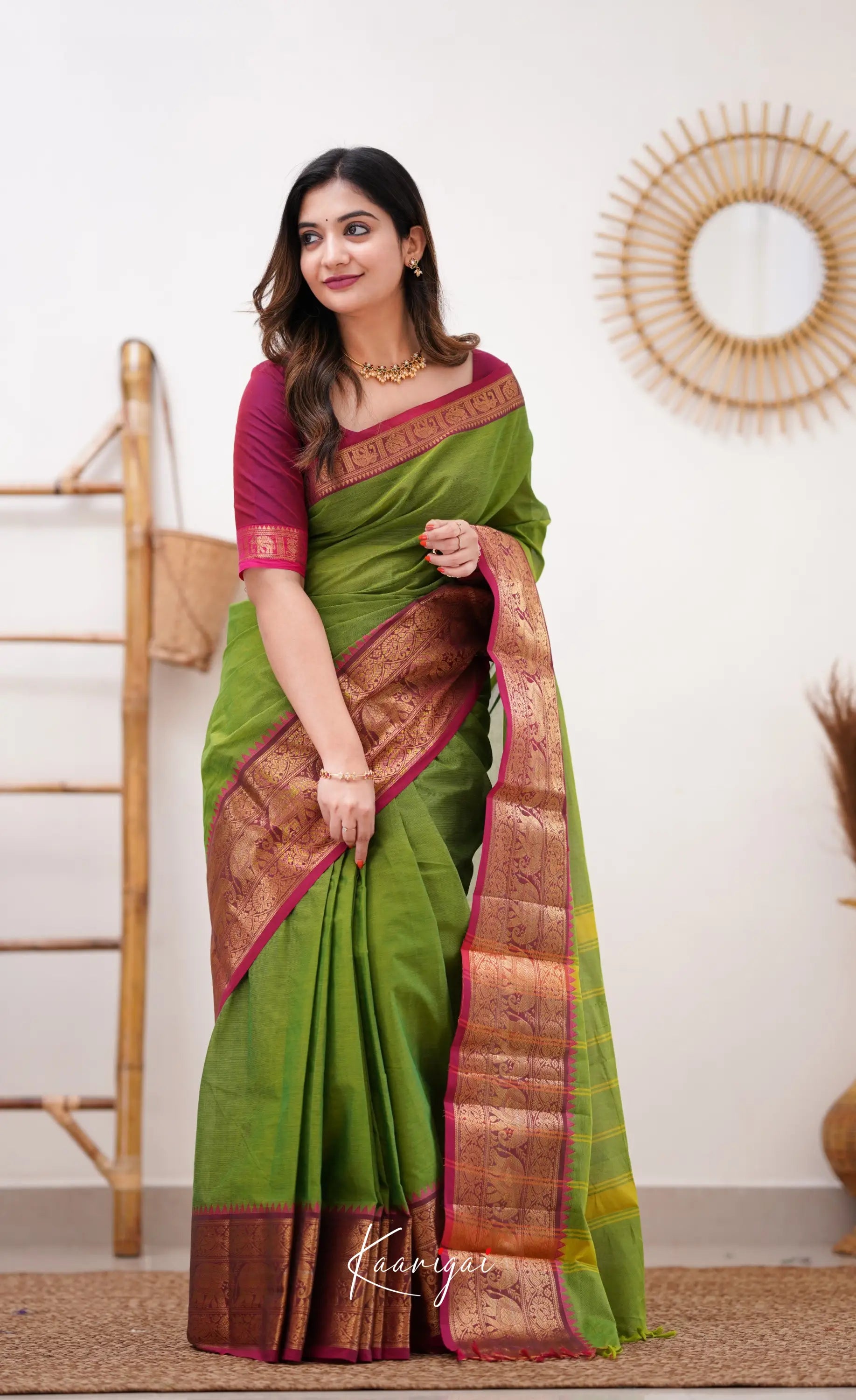 Nalinam - Parrot Green And Pinkish Magenta Cotton Saree Sarees