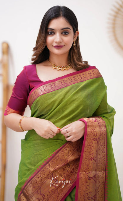 Nalinam - Parrot Green And Pinkish Magenta Cotton Saree Sarees