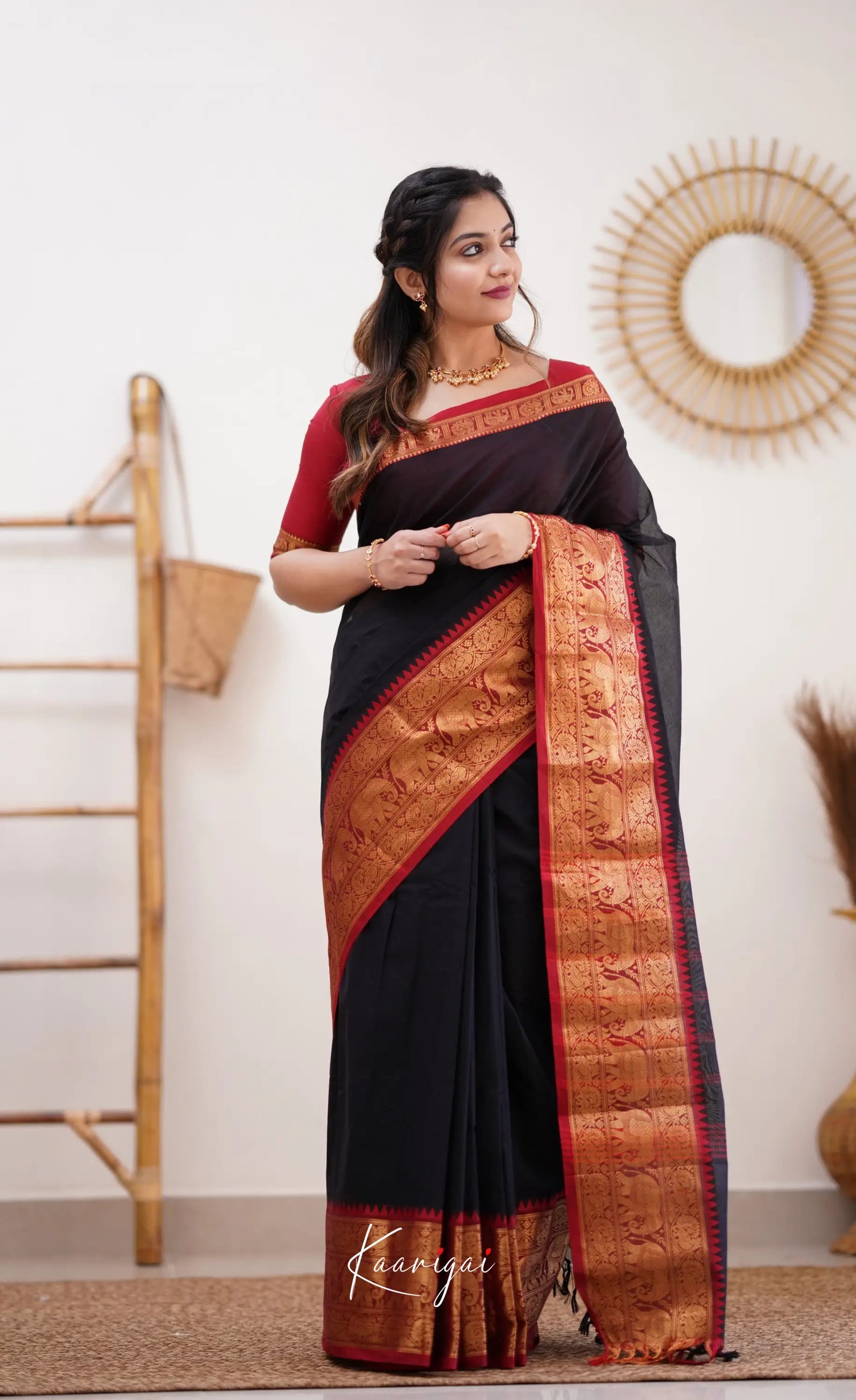 Nalinam - Red And Black Cotton Saree Sarees