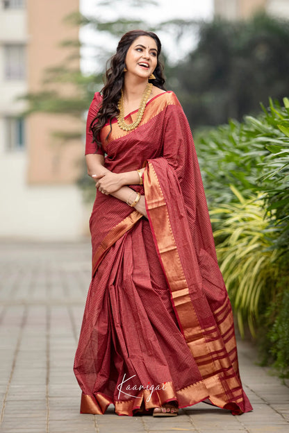 Nalinam - Reddish Maroon Cotton Saree Sarees