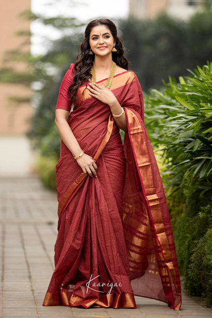 Nalinam - Reddish Maroon Cotton Saree Sarees