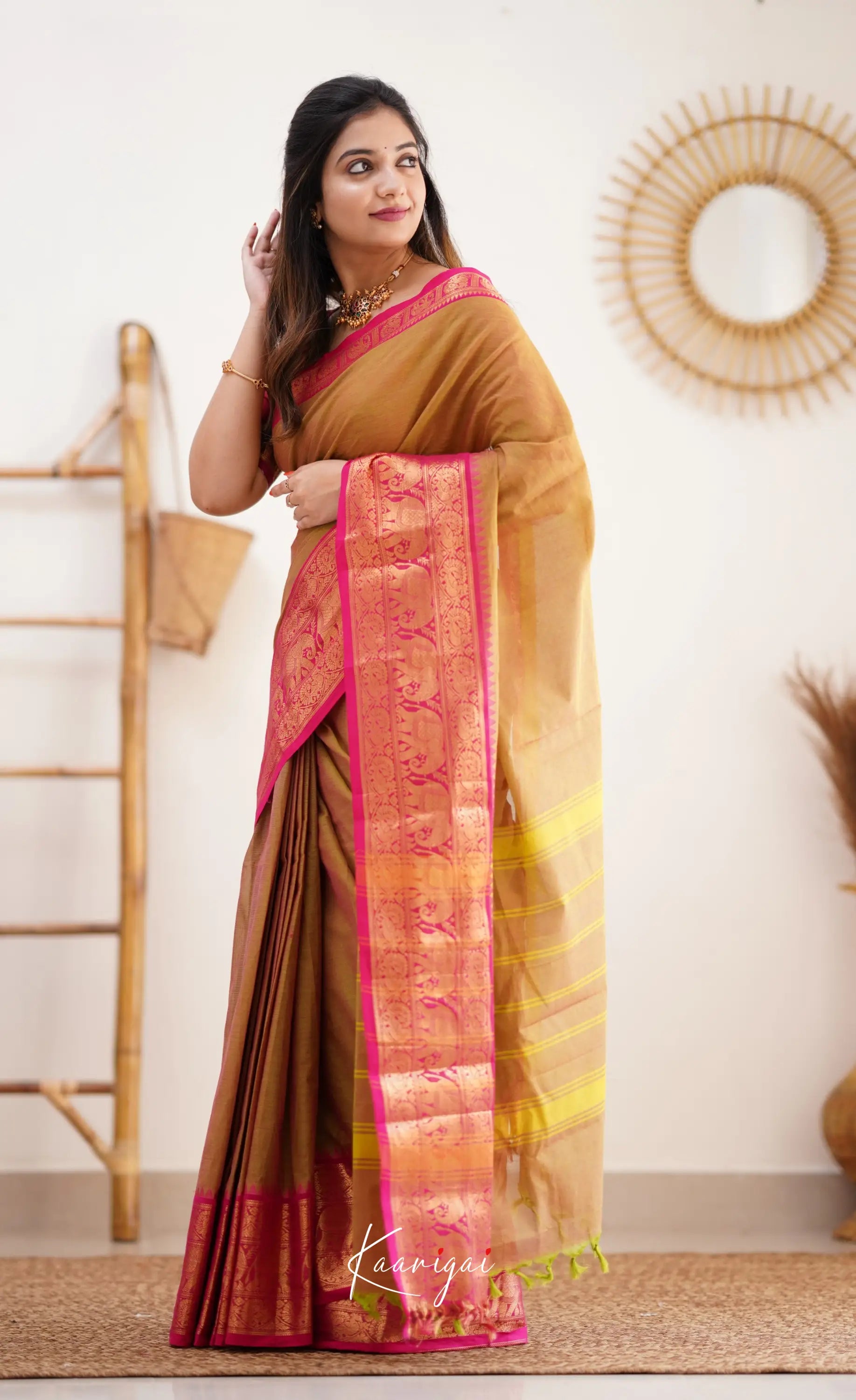 Nalinam - Two Tone Henna Mustard And Pink Cotton Saree Sarees