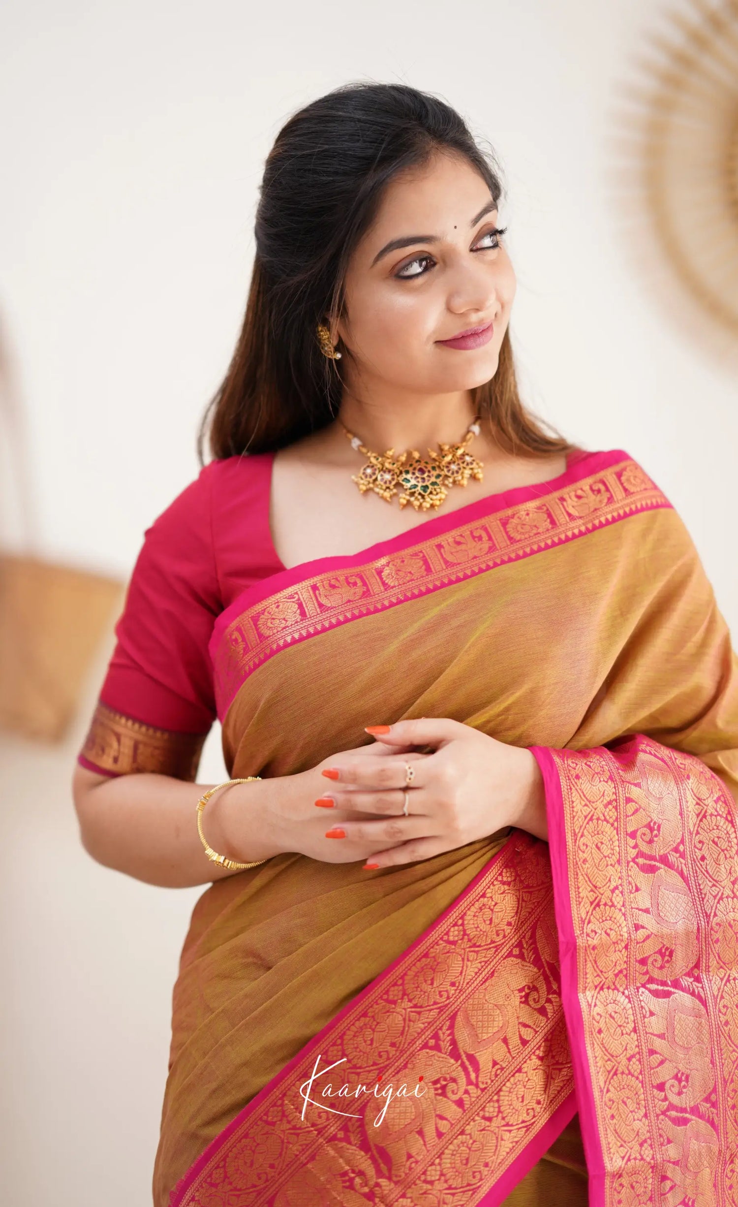 Nalinam - Two Tone Henna Mustard And Pink Cotton Saree Sarees