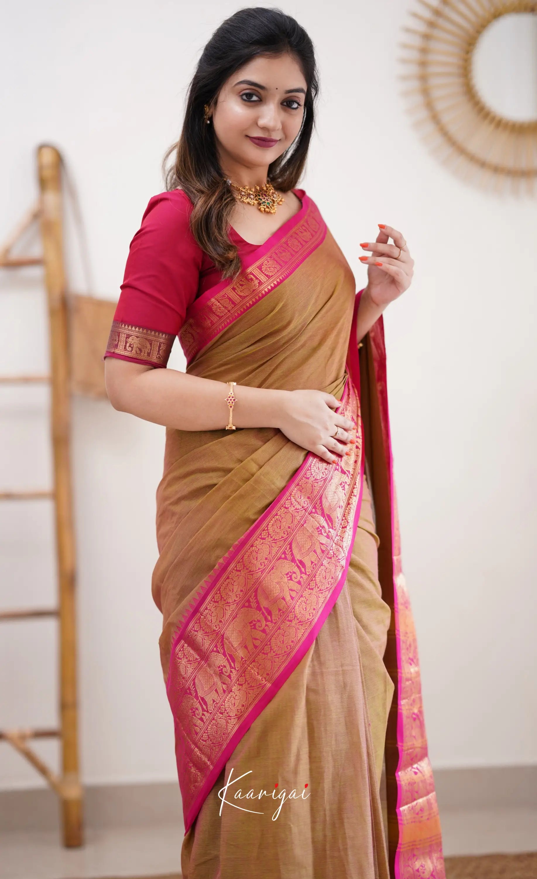 Nalinam - Two Tone Henna Mustard And Pink Cotton Saree Sarees