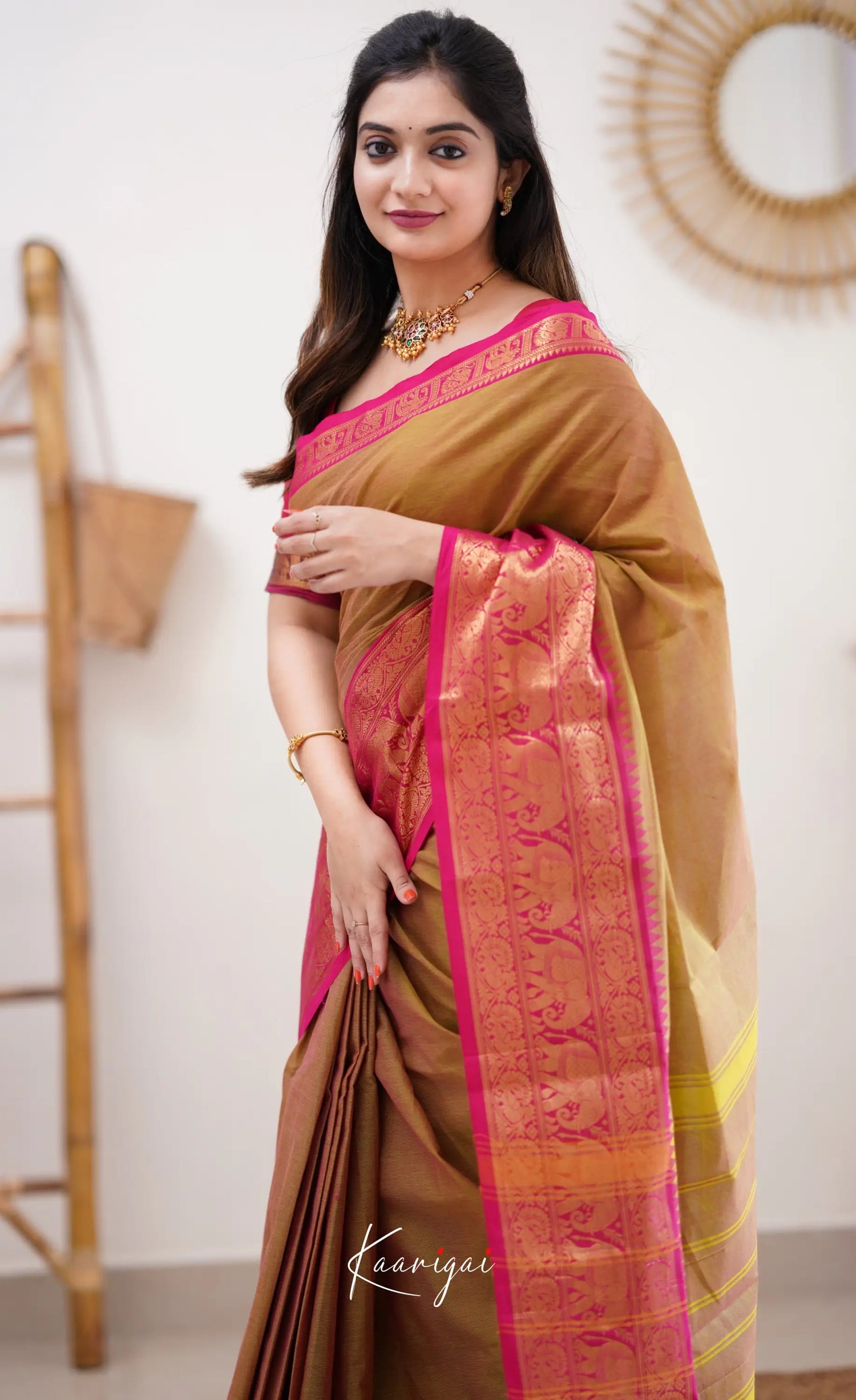 Nalinam - Two Tone Henna Mustard And Pink Cotton Saree Sarees