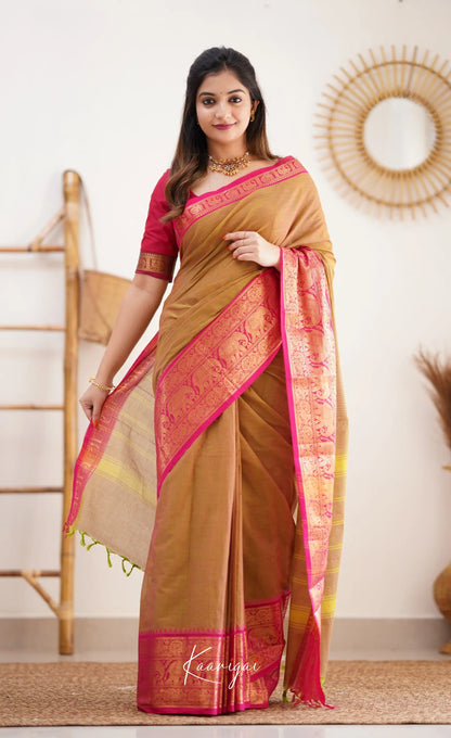 Nalinam - Two Tone Henna Mustard And Pink Cotton Saree Sarees