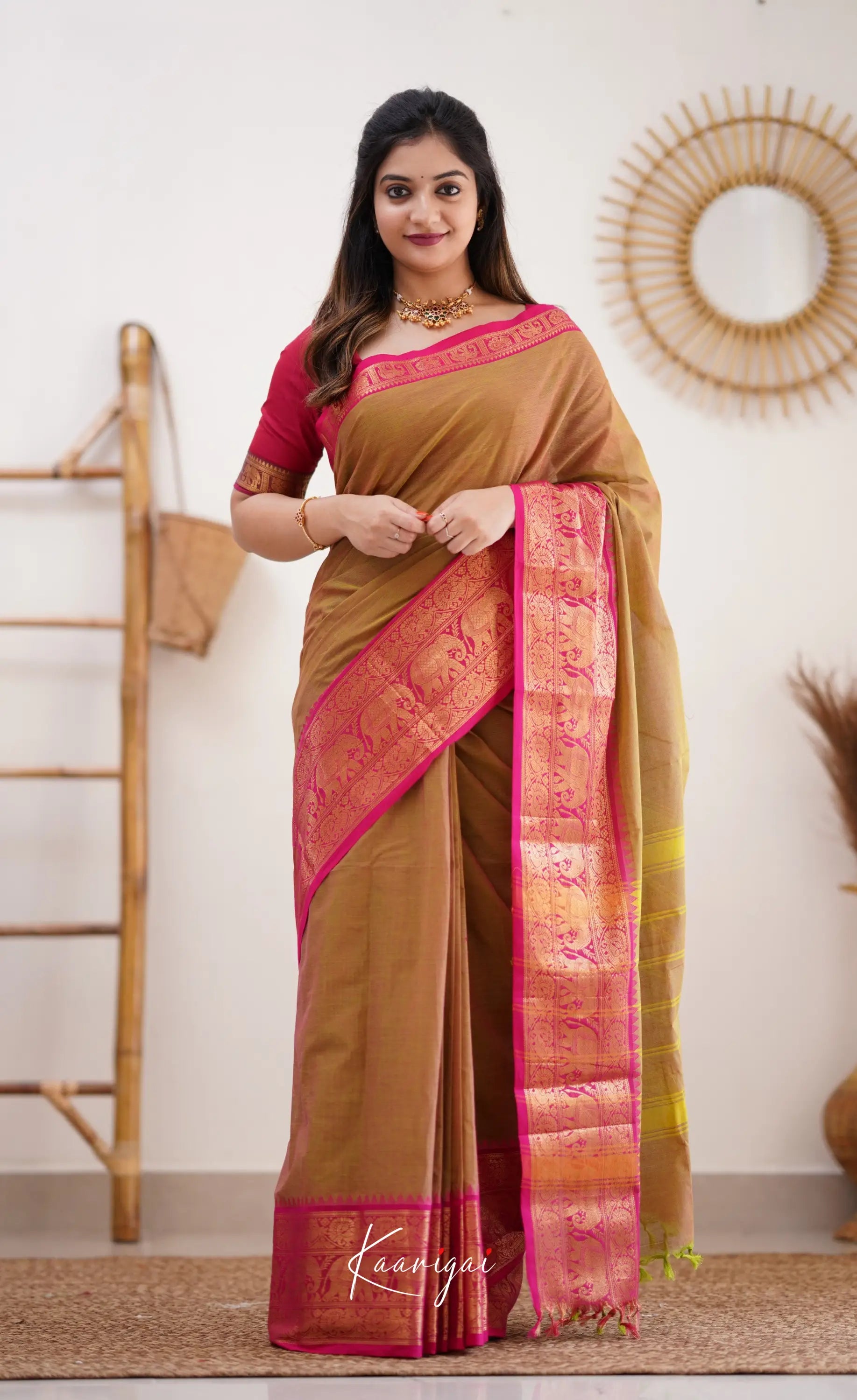 Nalinam - Two Tone Henna Mustard And Pink Cotton Saree Sarees