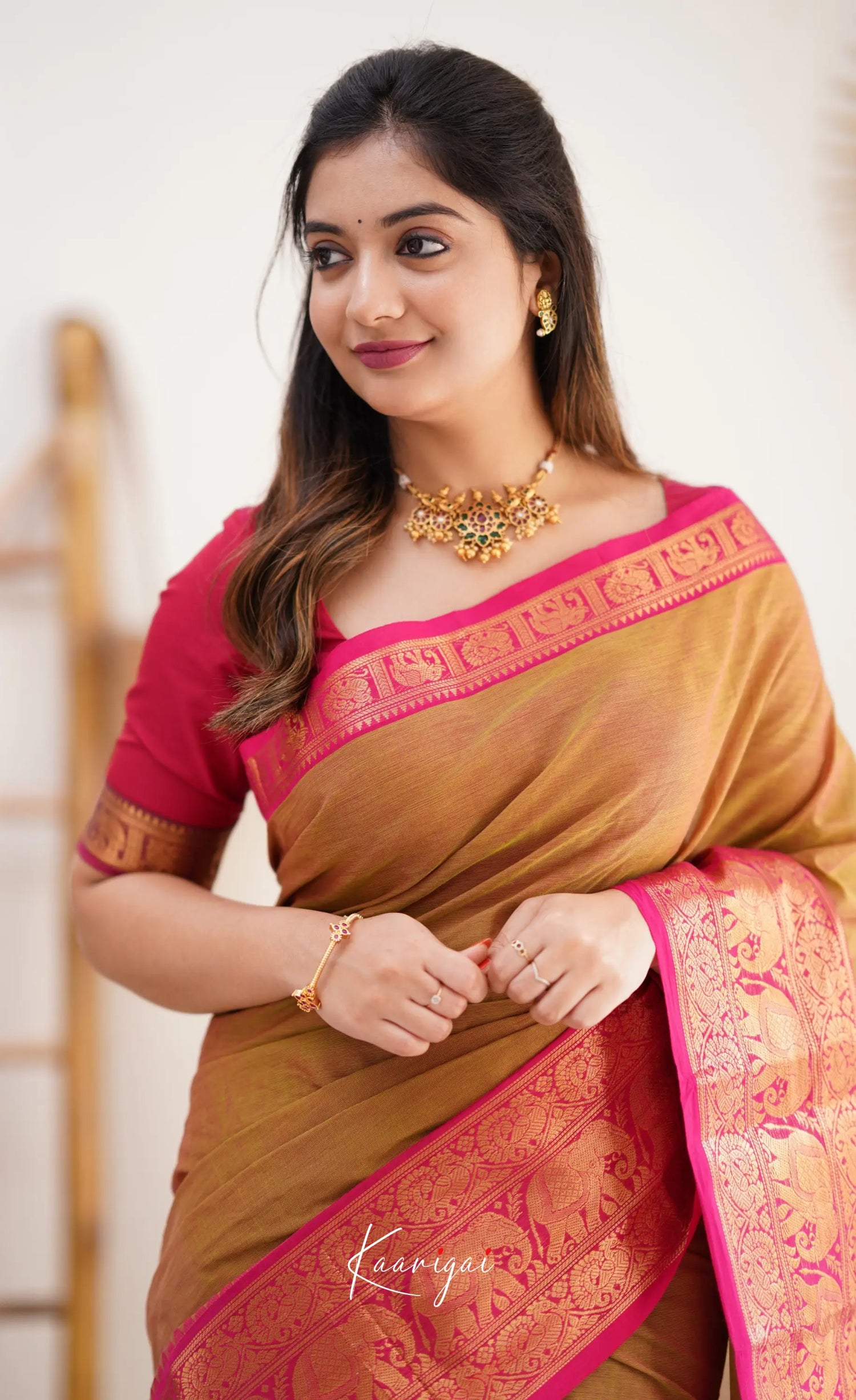 Nalinam - Two Tone Henna Mustard And Pink Cotton Saree Sarees