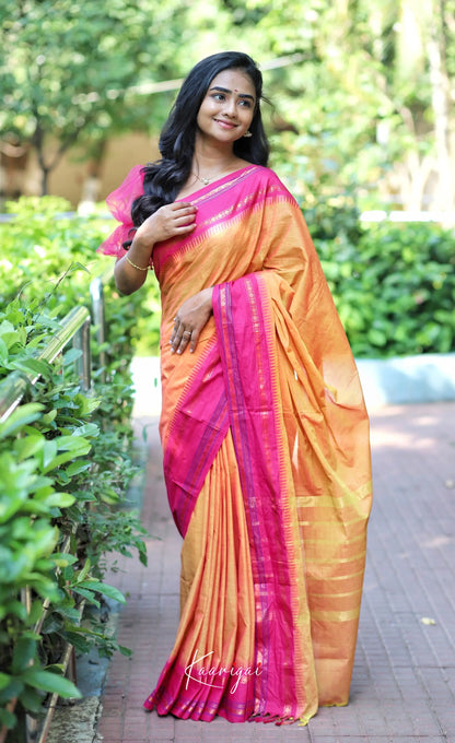 Nalinam- Yellowish Orange And Pink Cotton Saree Sarees