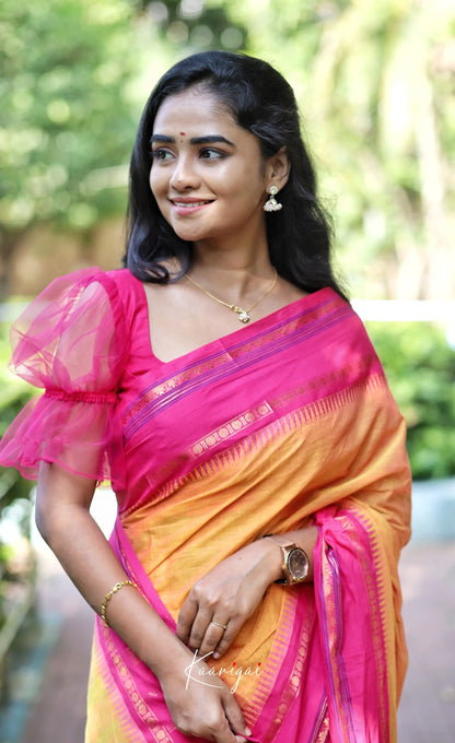 Nalinam- Yellowish Orange And Pink Cotton Saree Sarees