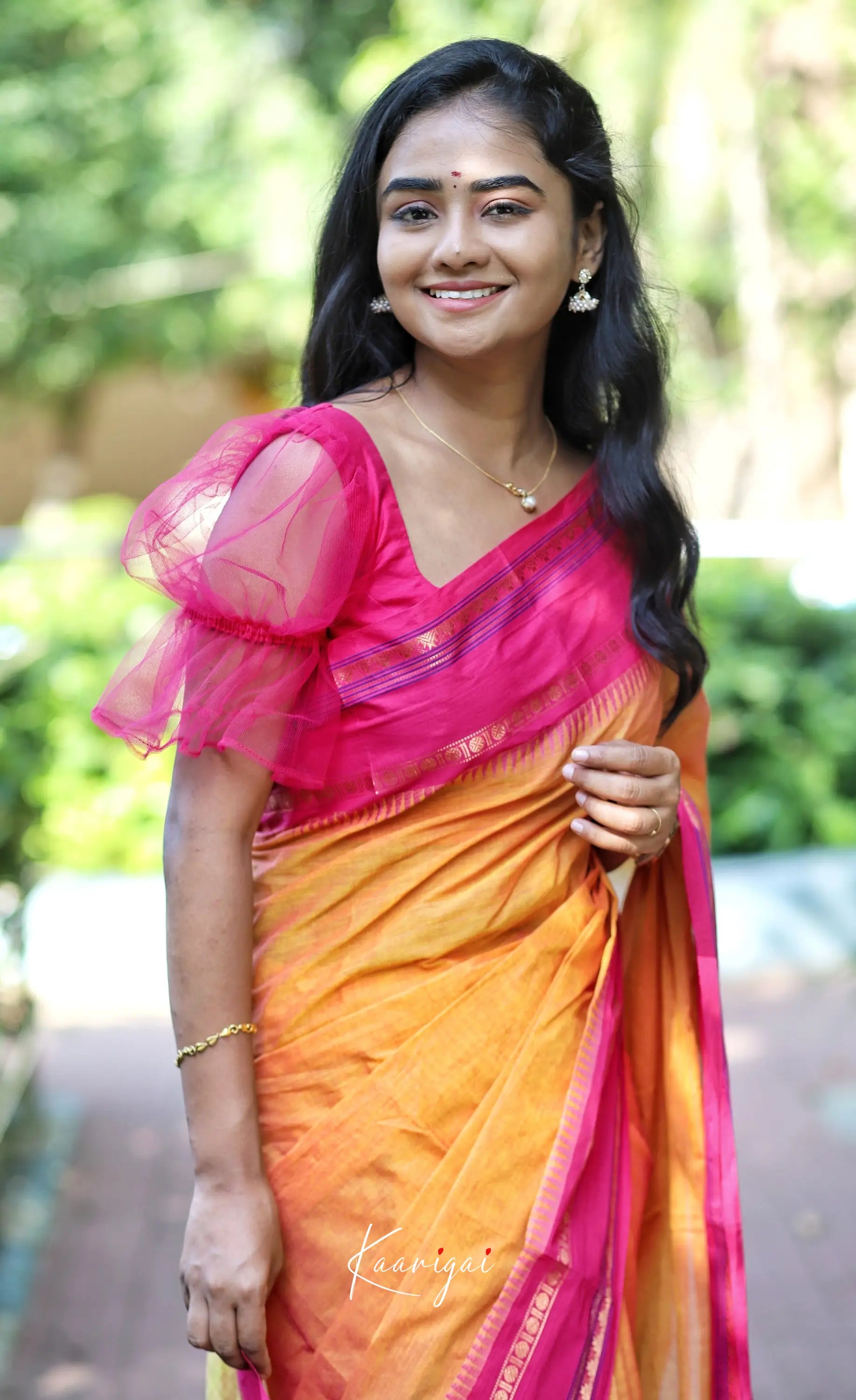 Nalinam- Yellowish Orange And Pink Cotton Saree Sarees