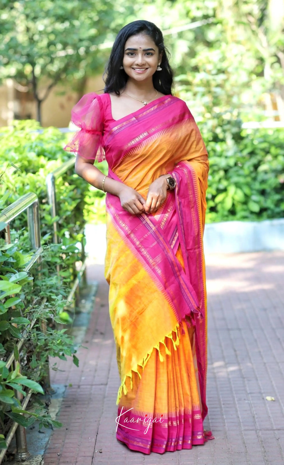 Nalinam- Yellowish Orange And Pink Cotton Saree Sarees