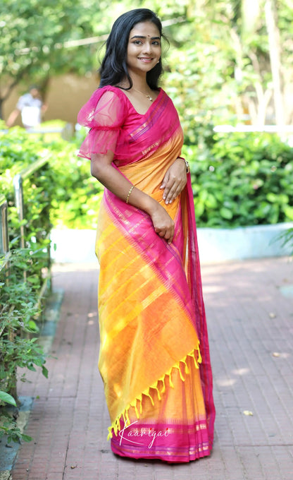 Nalinam- Yellowish Orange And Pink Cotton Saree Sarees