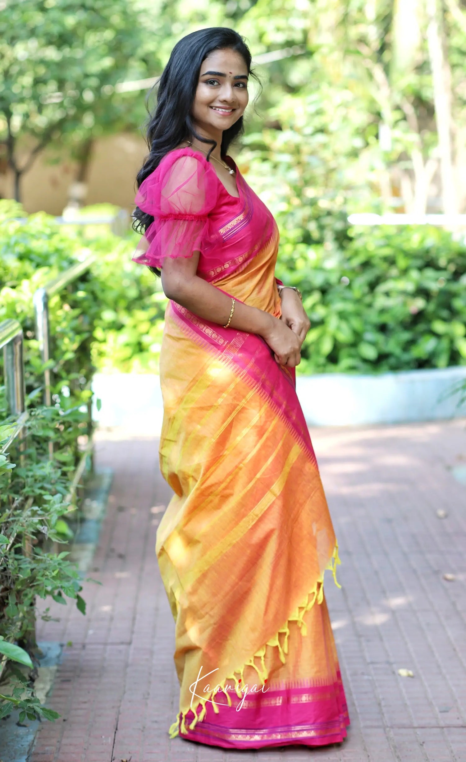 Nalinam- Yellowish Orange And Pink Cotton Saree Sarees