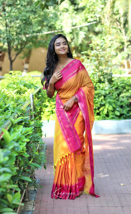 Nalinam- Yellowish Orange And Pink Cotton Saree Sarees