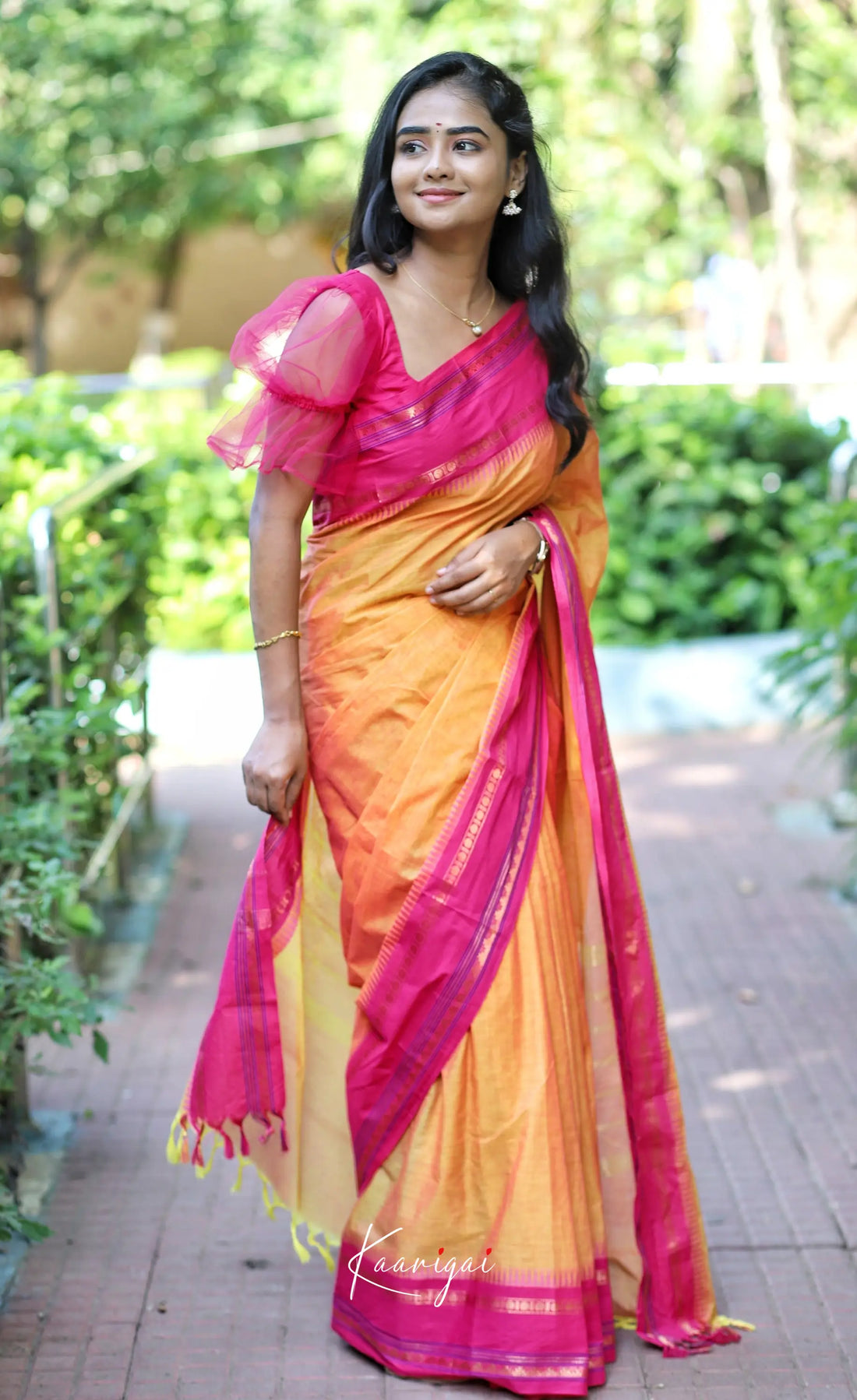 Nalinam- Yellowish Orange And Pink Cotton Saree Sarees