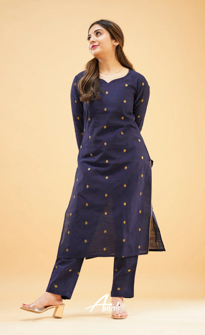 Navy Blue Slub Cotton Silk Co-Ord Set