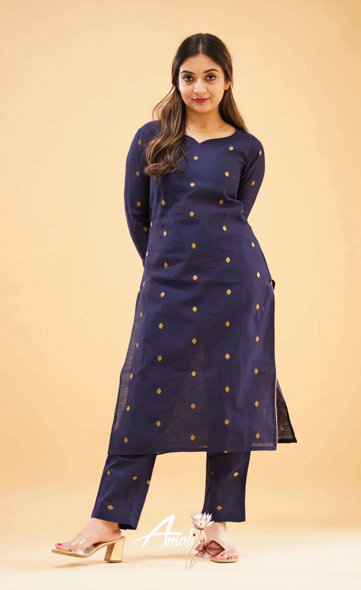 Navy Blue Slub Cotton Silk Co-Ord Set