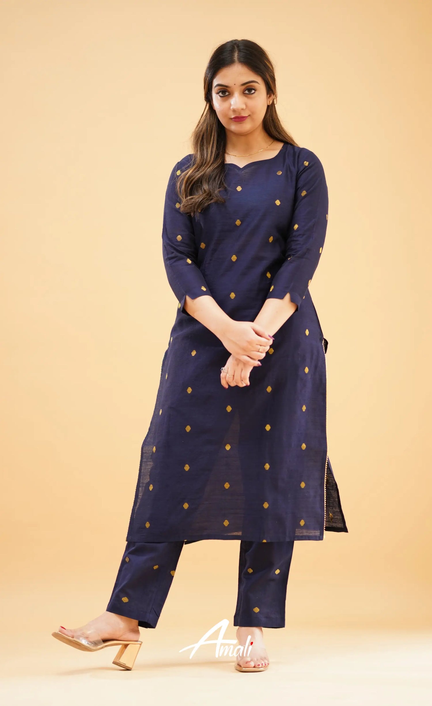 Navy Blue Slub Cotton Silk Co-Ord Set