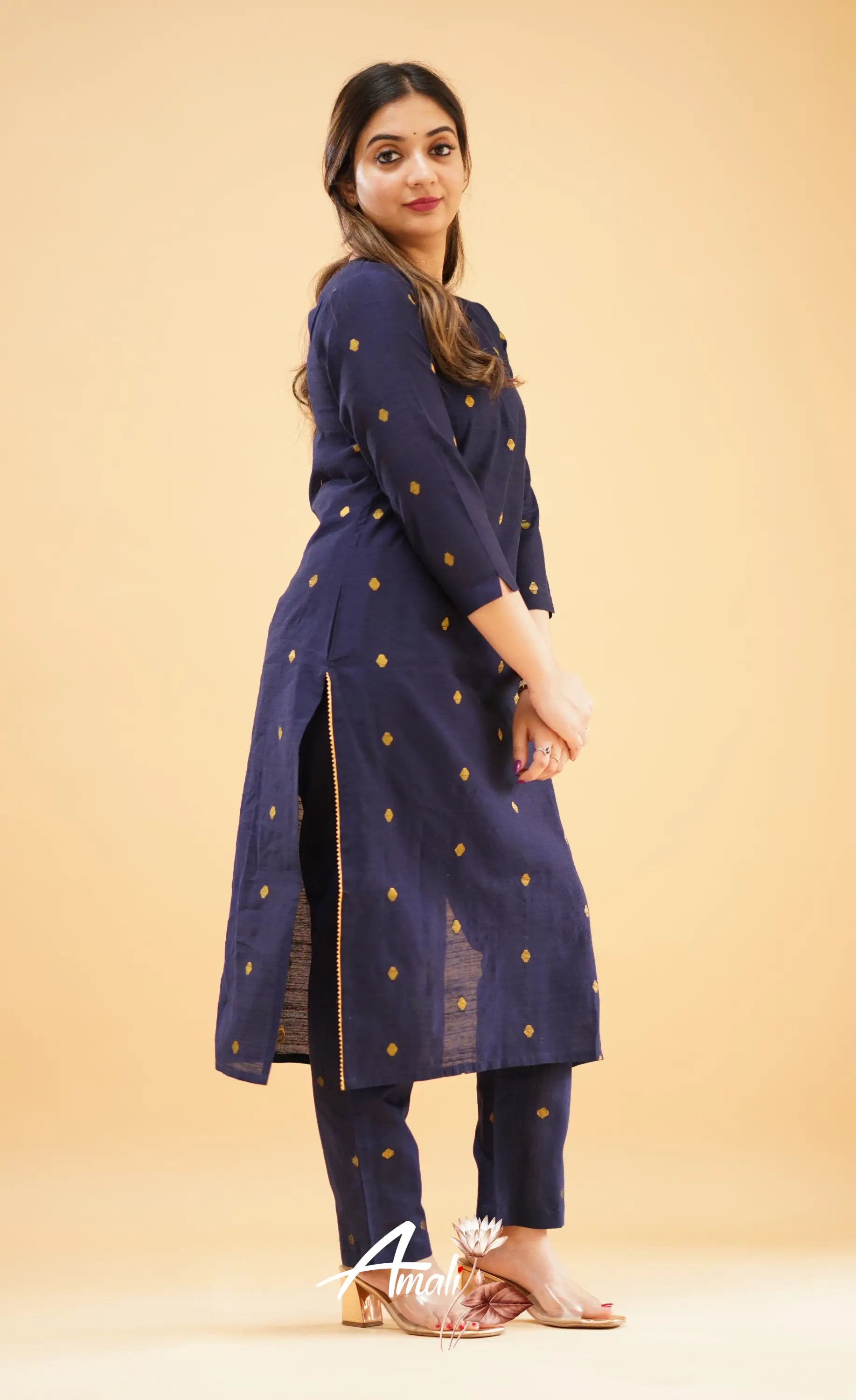 Navy Blue Slub Cotton Silk Co-Ord Set