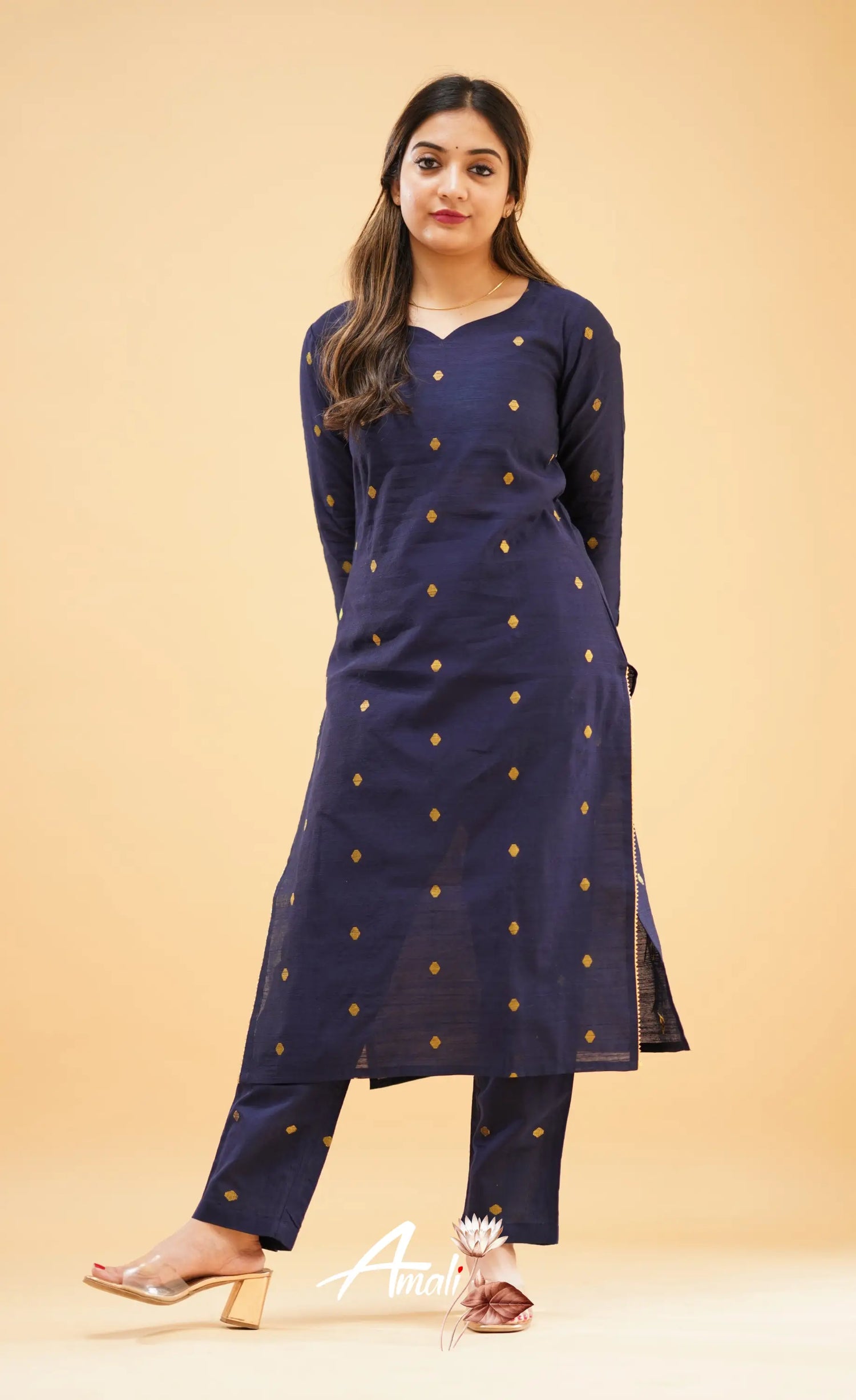 Navy Blue Slub Cotton Silk Co-Ord Set