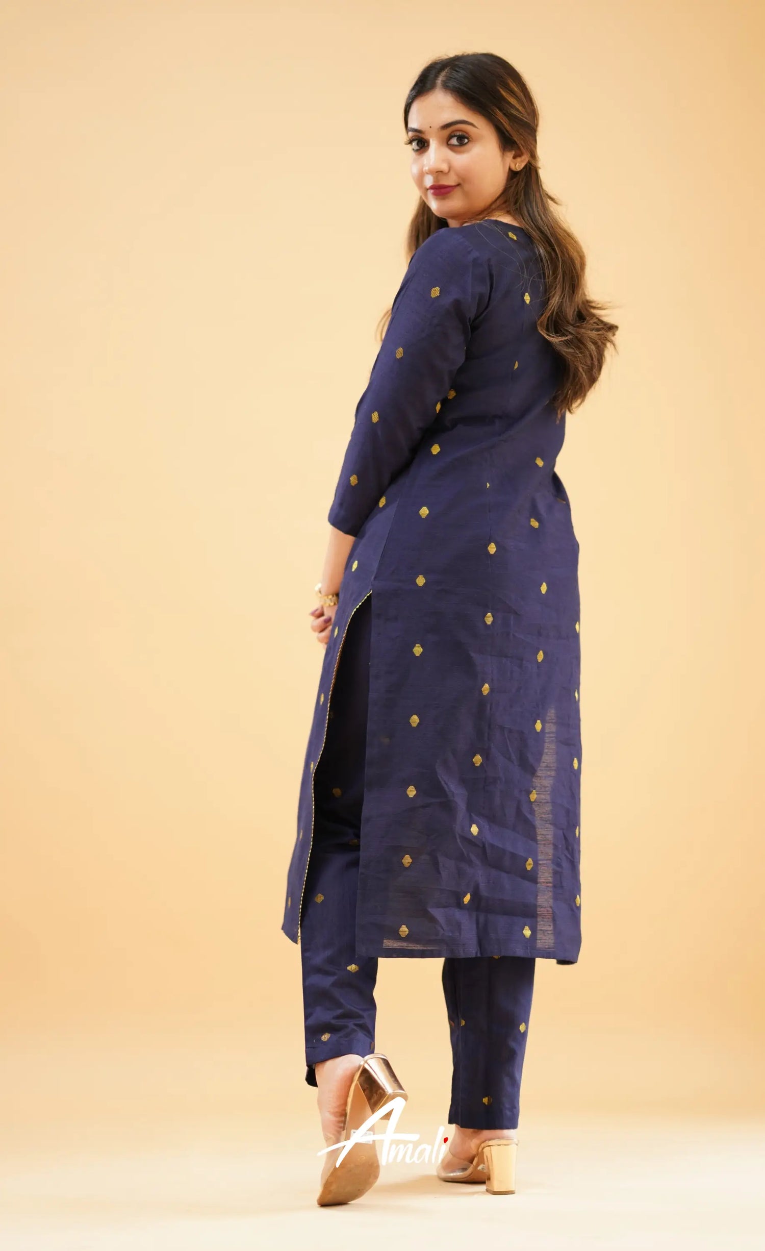 Navy Blue Slub Cotton Silk Co-Ord Set