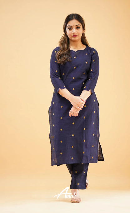 Navy Blue Slub Cotton Silk Co-Ord Set