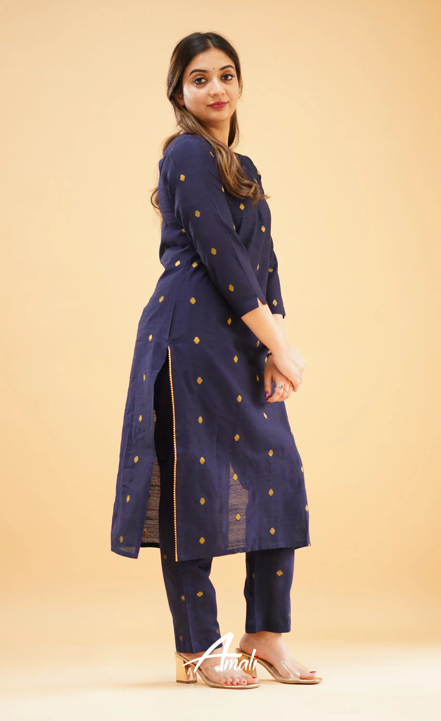 Navy Blue Slub Cotton Silk Co-Ord Set